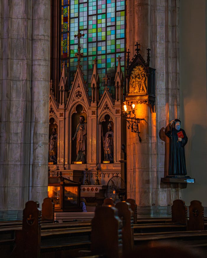 about-01 Elegant interior of a historic church featuring stained glass and religious statues.